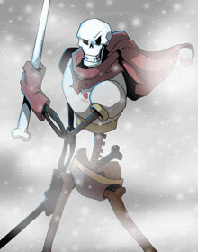 a drawing of a skeleton with a red cape holding a sword