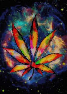 a colorful marijuana leaf is surrounded by a galaxy of stars