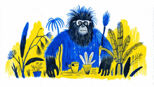 an illustration of a blue monkey with glasses