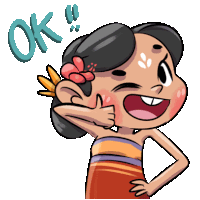 a cartoon girl with a flower in her hair giving a thumbs up with the word ok above her