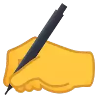 a yellow hand is holding a black pen and writing