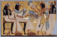 a painting of ancient egyptians with a cat and a dog