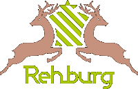 a logo for rehburg shows two deer and a shield