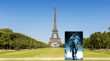 a picture of the eiffel tower with a picture of a soldier in front of it