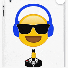 a smiley face wearing headphones and sunglasses holding a joystick