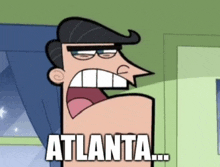 a cartoon character says " atlanta " in white letters