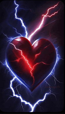 a red heart is surrounded by lightning and the word love is on the bottom left