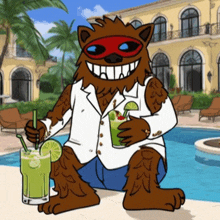 a cartoon drawing of a monster sitting by a pool holding a drink