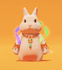 a white rabbit with a necklace that has a bunny on it