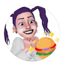 a cartoon girl with purple hair is holding a hamburger in her hands .