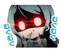 a sticker of a girl with red eyes and japanese writing .