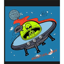 a cartoon illustration of an alien in a spaceship with the words martian army written on the bottom