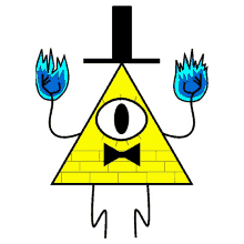 a drawing of bill cipher from gravity falls with blue flames and a cross