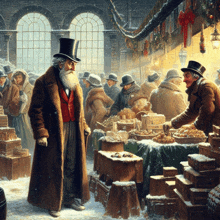 a man in a top hat is standing in front of a market