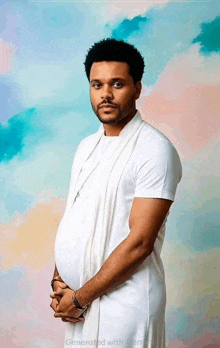 a man wearing a white shirt and a white scarf is standing in front of a colorful background .