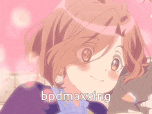 a close up of a girl with the words bpdmaxxing on the bottom right