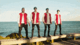 a group of young men wearing red and white varsity jackets are standing on a wooden dock overlooking the ocean