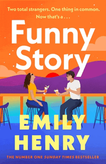 a book called funny story by emily henry shows a man and woman sitting at a bar