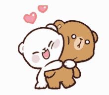 a couple of teddy bears hugging each other with hearts floating in the air .