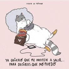 a cartoon drawing of a cat playing a video game with a bag of fritos chips