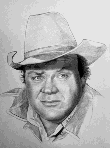 a pencil drawing of a man wearing a cowboy hat and a jacket