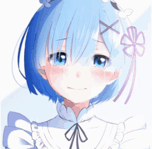 a blue haired anime girl with a flower in her hair