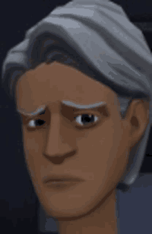 a close up of a cartoon character 's face with gray hair making a sad face .