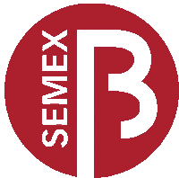 a red circle with a white letter b and the word semex on it