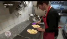 a woman in a red apron is preparing food in a kitchen with the words midi pyrenees lot on the bottom right