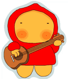 a cartoon character in a red hood is playing a guitar