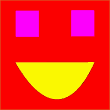 a red background with a yellow smiley face and purple squares