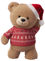 a teddy bear wearing a santa hat and a red sweater with a c on it