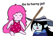 a cartoon of princess bubblegum holding a bat with the words go to horny jail below it