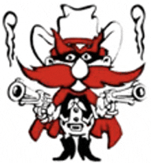 a cartoon of a cowboy with a mask and a red beard holding guns .