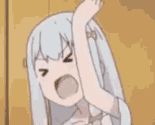 a cartoon girl with white hair is making a funny face while holding her fist up in the air .