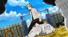 a man laying on the ground with a white jacket that says ' tokyo revengers ' on the back