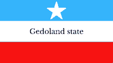 a blue white and red flag with a star and the word gedoland state