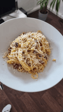 a white plate topped with pasta and cheese on a wooden table