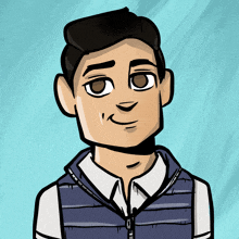 a cartoon drawing of a man wearing a blue vest and white shirt