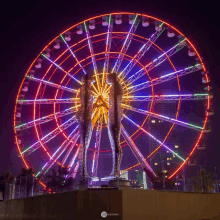 a ferris wheel is lit up at night with a statue in front