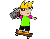 a cartoon of a boy riding a skateboard with a boombox on his back