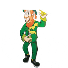 a cartoon leprechaun is holding a gold coin