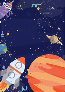 a rocket is flying through space with planets in the background