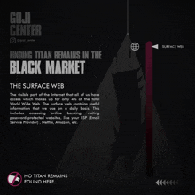 an advertisement for goji center explaining the surface web and finding titan remains in the black market