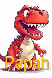 a cartoon illustration of a dinosaur with the name papah written in yellow