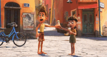 two cartoon characters are eating ice cream on a street with a sign that says la strada