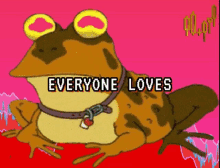 a frog with glasses and a collar that says everyone loves on it