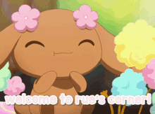 a picture of a brown bunny with pink flowers on her head and the words welcome to rue 's corner