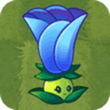 a cartoon illustration of a blue flower with a green leaf and a face .