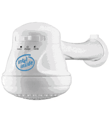 a white shower head with a blue intel inside logo